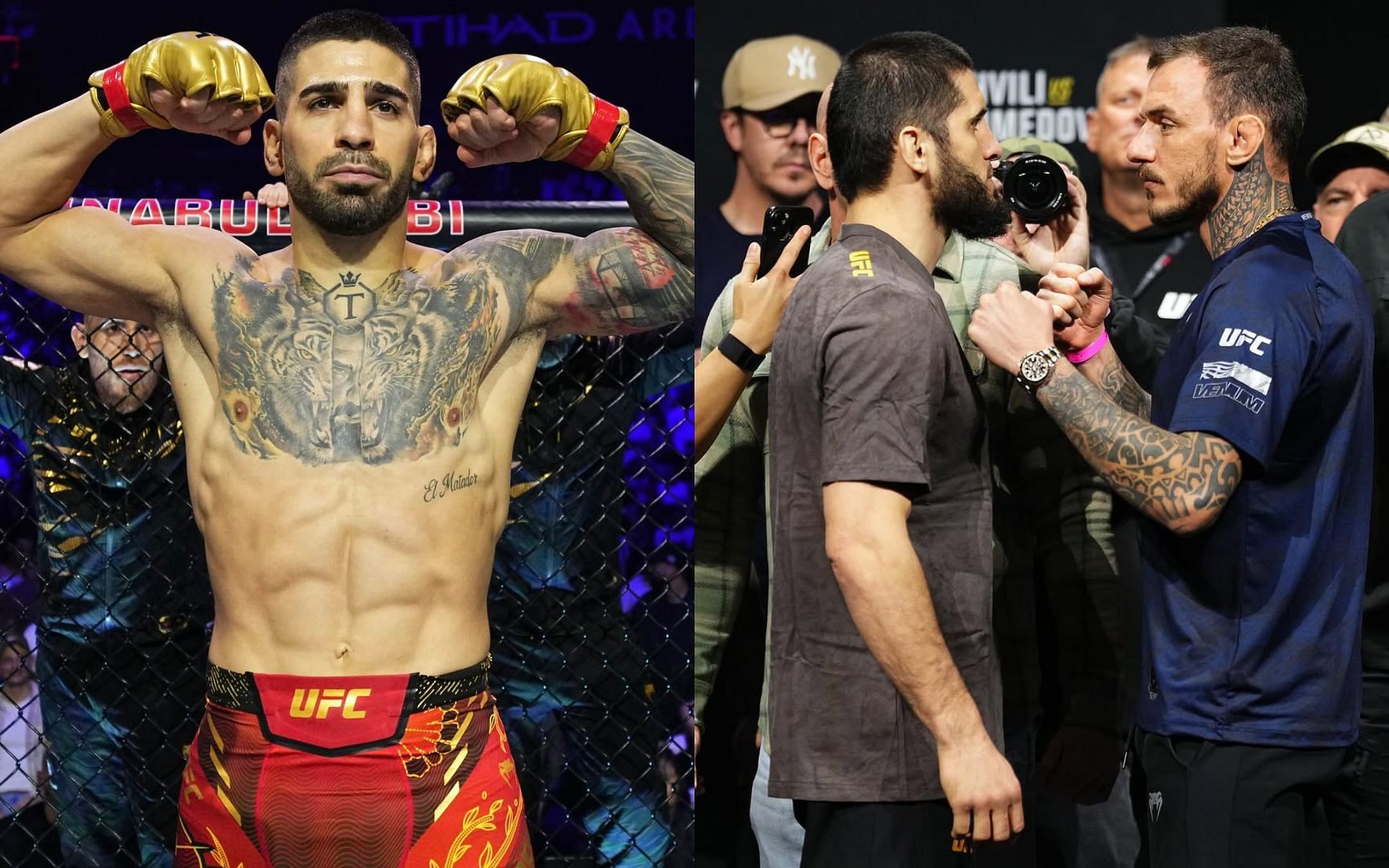 Renato Moicano (right) predicts Ilia Topuria (left) to defeat Islam Makhachev (center). [Images courtesy: @ufceurope and @islam_makhachev on Instagram]