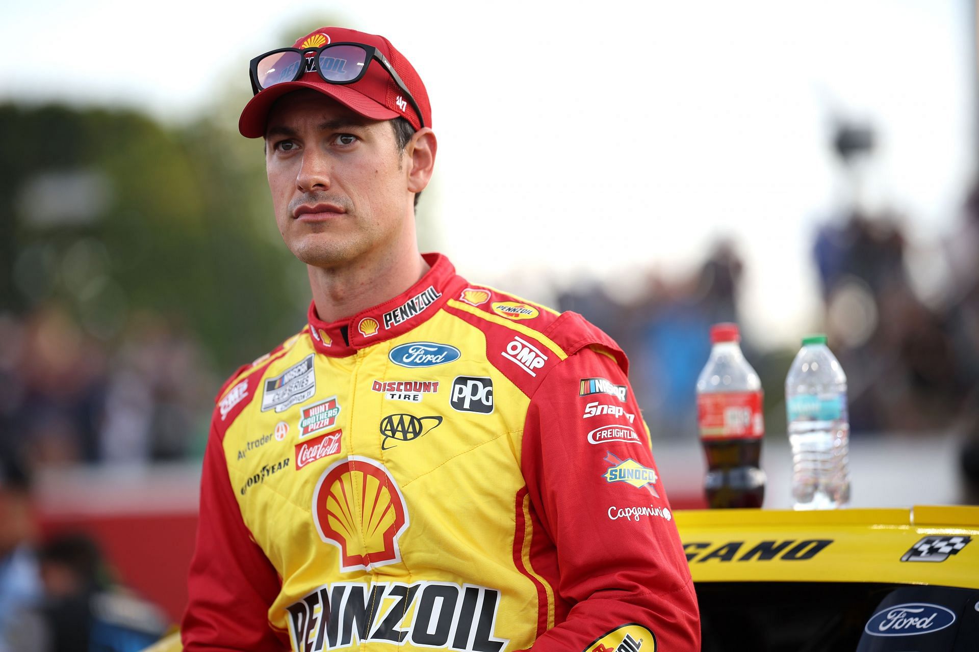 NORTH WILKESBORO, NORTH CAROLINA - MAY 18: Joey Logano, driver of the #22 Shell Pennzoil Ford, waits on the grid prior to the NASCAR Cup Series All-Star Race at North Wilkesboro Speedway on May 18, 2025 in North Wilkesboro, North Carolina. (Photo by James Gilbert/Getty Images) - Source: Getty