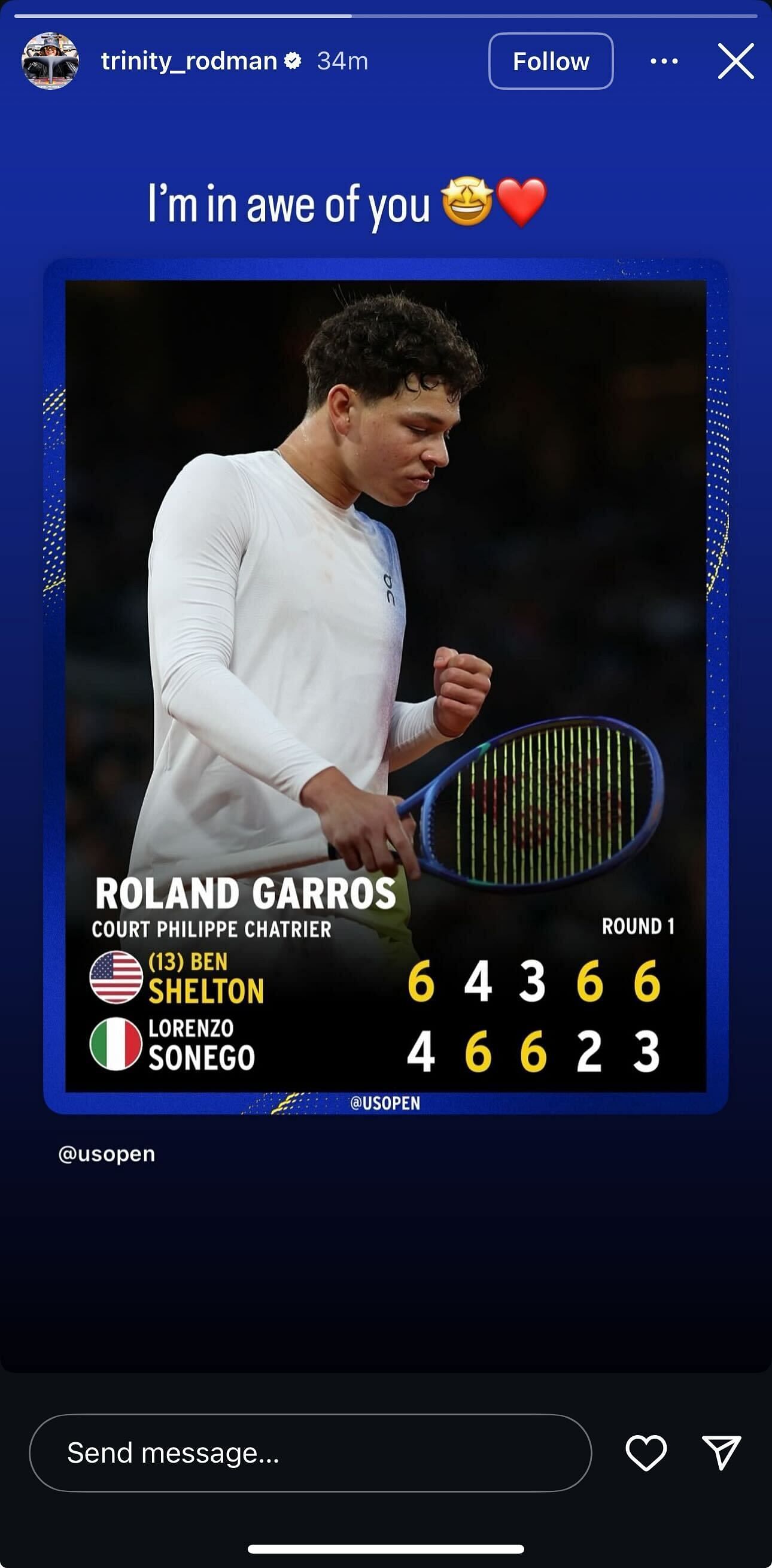 Trinity Rodman&#039;s Instagram Story following boyfriend Ben Shelton&#039;s first-round win at the 2025 French Open (Source: Instagram/trinity_rodman)