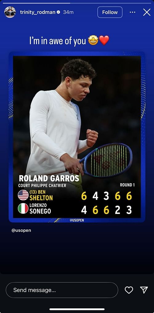 Trinity Rodman's Instagram Story following boyfriend Ben Shelton's first-round win at the 2025 French Open (Source: Instagram/trinity_rodman)