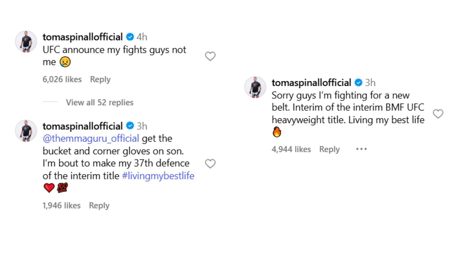 Tom Aspinall&#039;s comments. [Screenshots courtesy: @tomaspinallofficial on Instagram]