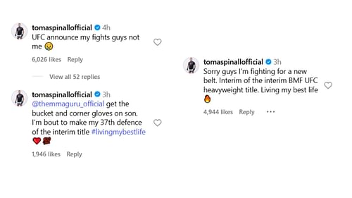 Tom Aspinall's comments. [Screenshots courtesy: @tomaspinallofficial on Instagram]
