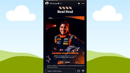 Snapshot of Damon Hill's Story about Jamie Chadwick. Credits-Instagram/@96f1champ