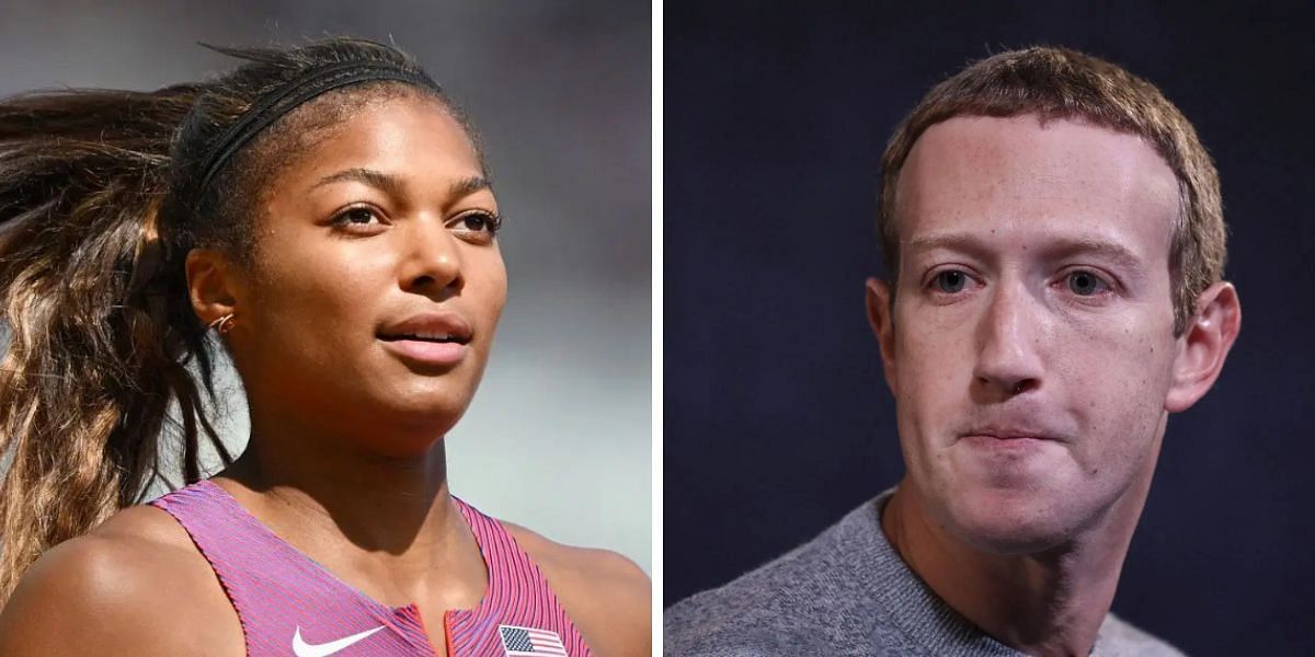 Gabby Thomas (L) and Mark Zuckerberg (R). PHOTO: Both from Getty