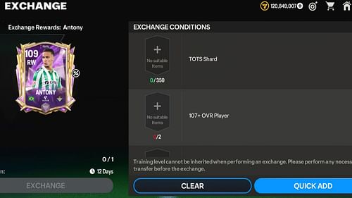 All EA FC Mobile TOTS 25 Antony exchange requirements (Image via EA Sports)