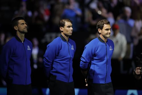 (L-R) Novak Djokovic, Rafael Nadal and Roger Federer at the Laver Cup 2022. (Photo: Getty)