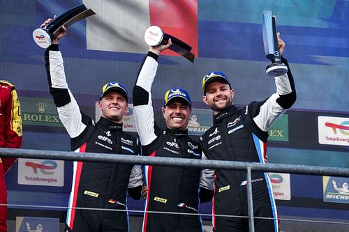 Mick Schumacher celebrates a podium finish in the WEC 6 Hours of Spa (Getty Images)