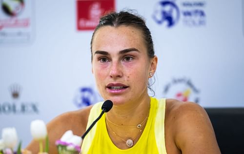 Aryna Sabalenka during a press conference at the 2025 Dubai Duty Free Tennis Championships (Source: Getty)