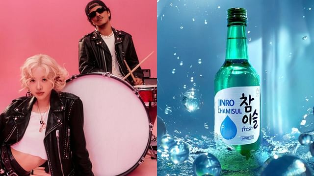 Ros&eacute; and Bruno Mars in APT. and Hite Jinro soju (Image via YouTube/@roses_are_rosie and Instagram/@jinro_global)