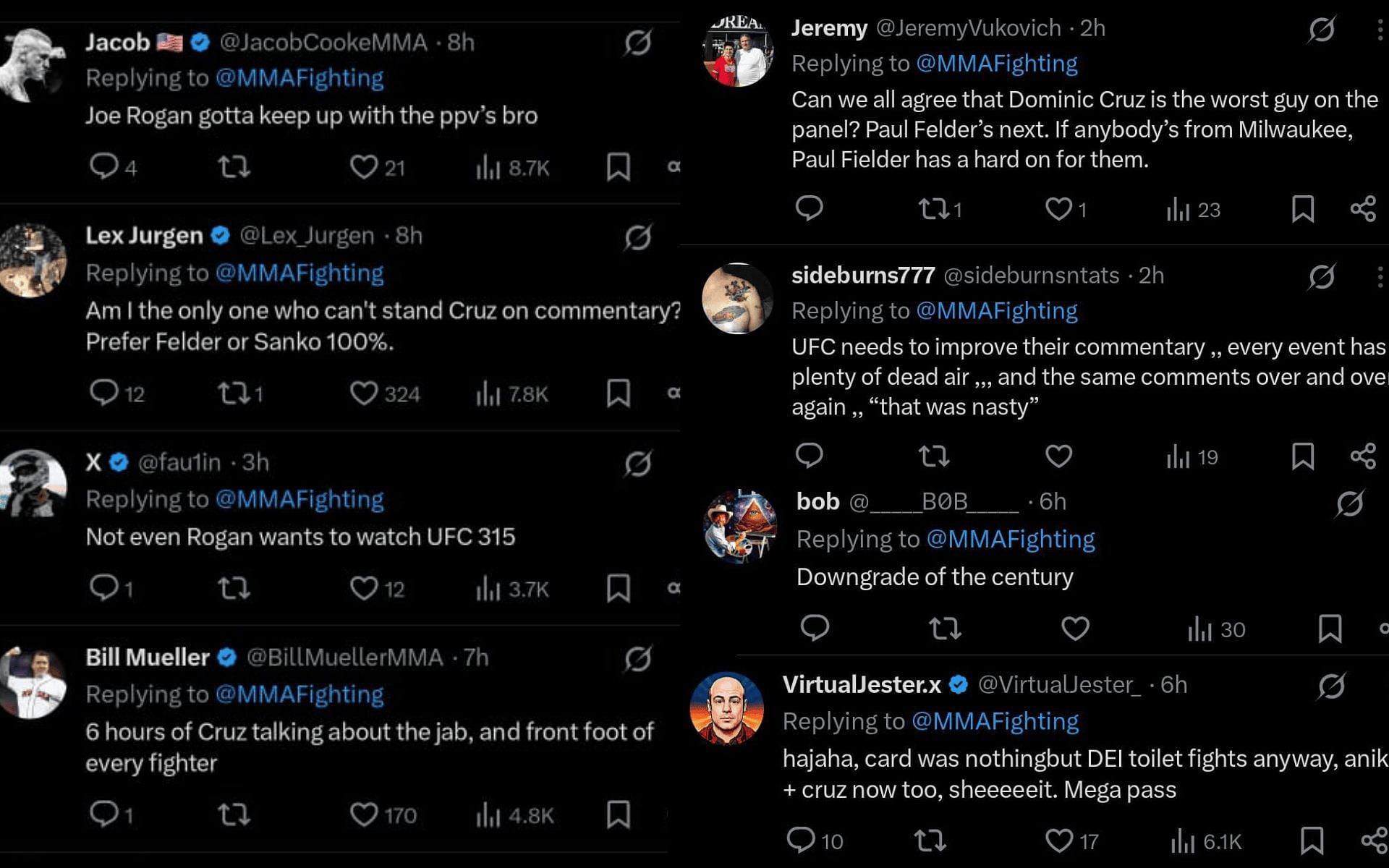 Fans&#039; reaction to Dominick Cruz replacing Joe Rogan at UFC 315. [Screenshots courtesy: @MMAFighting on X]