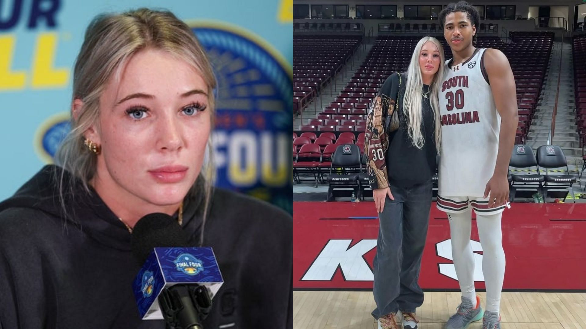 Chloe Kitts during a press conference in the 2025 NCAA Final Four; Chloe Kitts and Collin Murray-Boyles. Source: Imagn, Instagram/@chloe.kitts