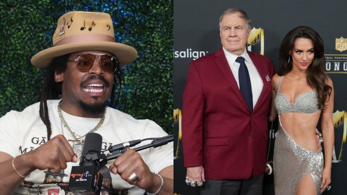 Cam Newton (L) Super Bowl LIX-Radio Row and Bill Belichick with Jordon Hudson (R) Super Bowl LIX-NFL Honors Red Carpet