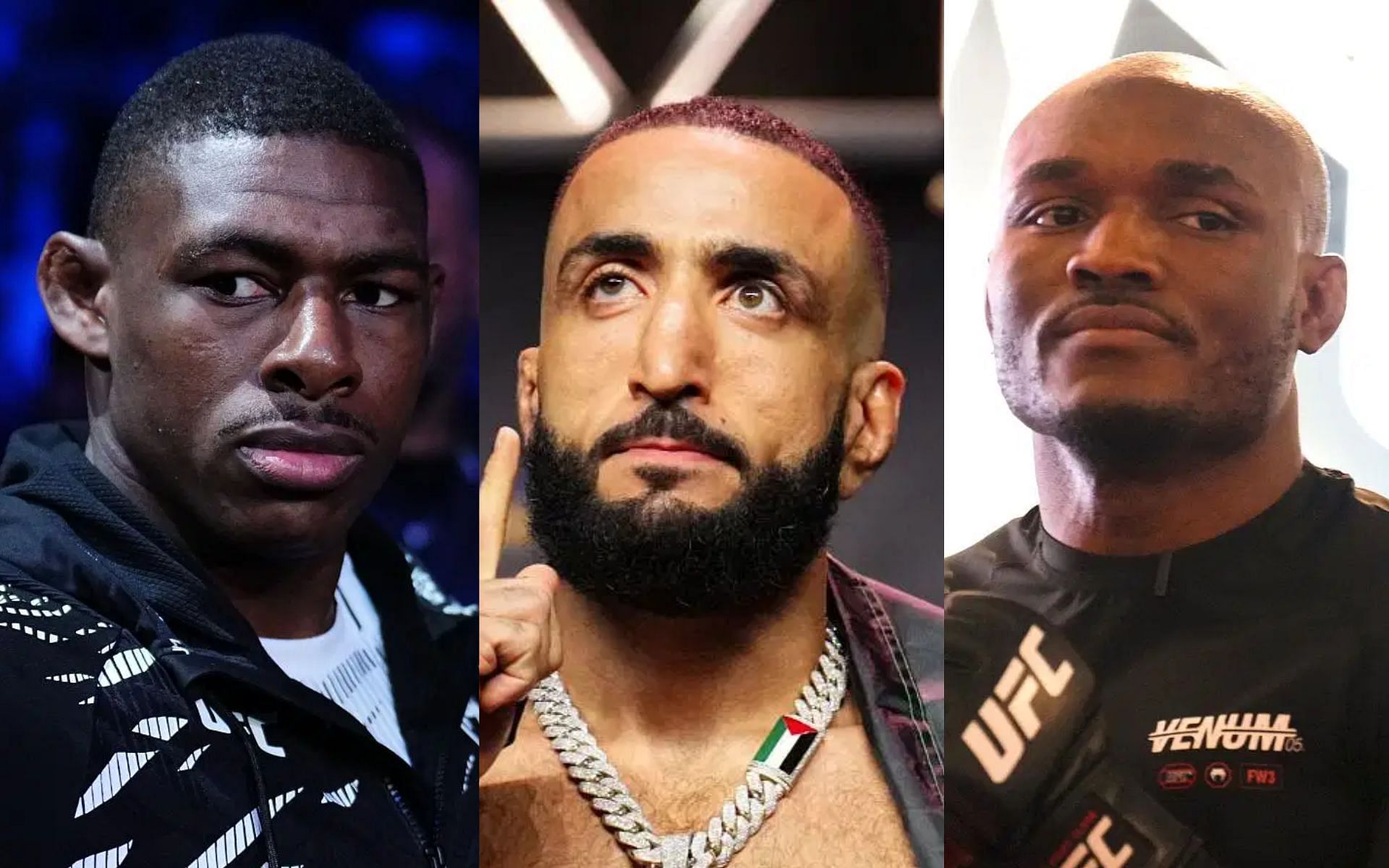 Belal Muhammad (middle) predicts Kamaru Usman (right) vs. Joaquin Buckley (left) for UFC Atlanta [Images courtesy: Getty Images]