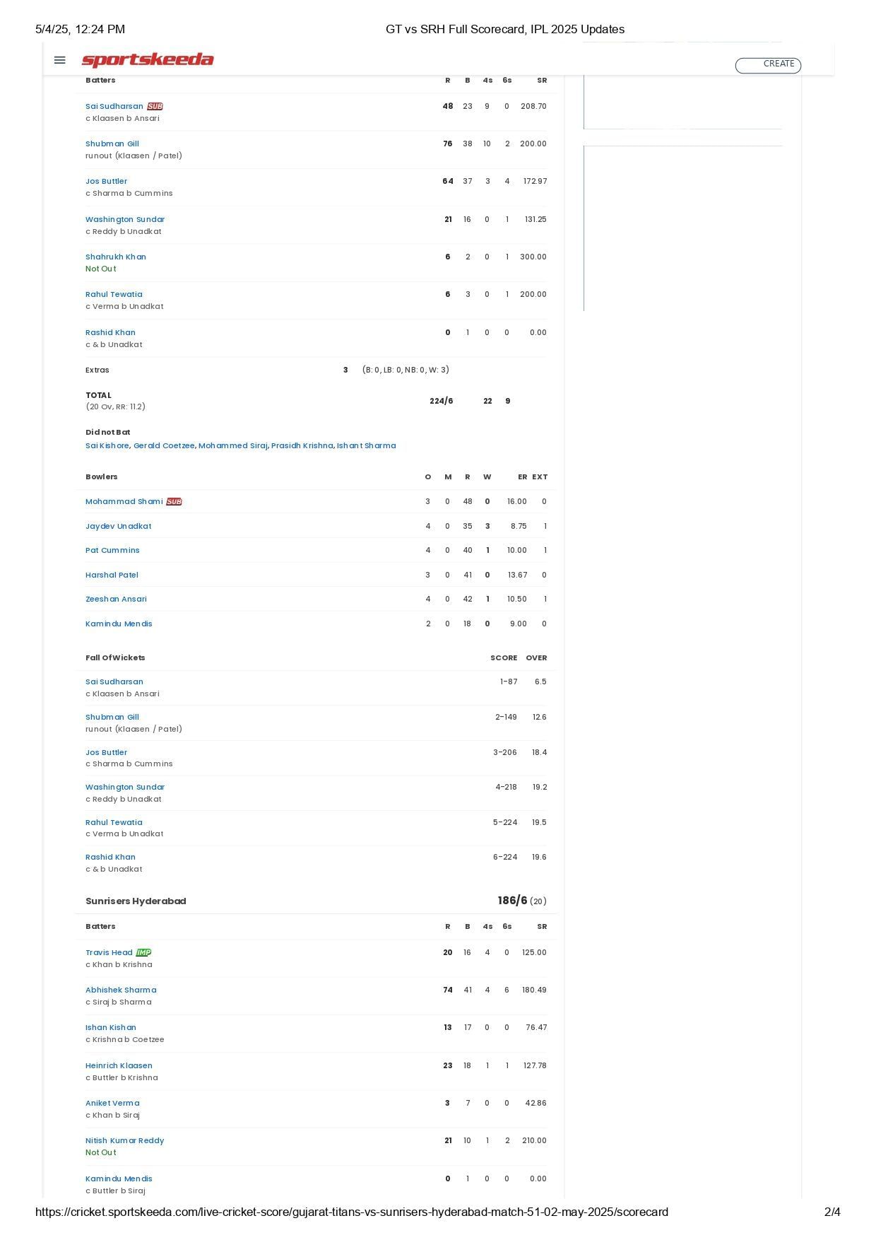 GT vs SRH 2025 scorecard.