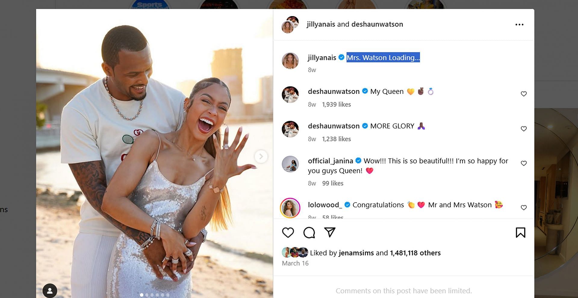 Watson's comments on Anais' engagement post. (Image Source: Instragm/@jillyanais)