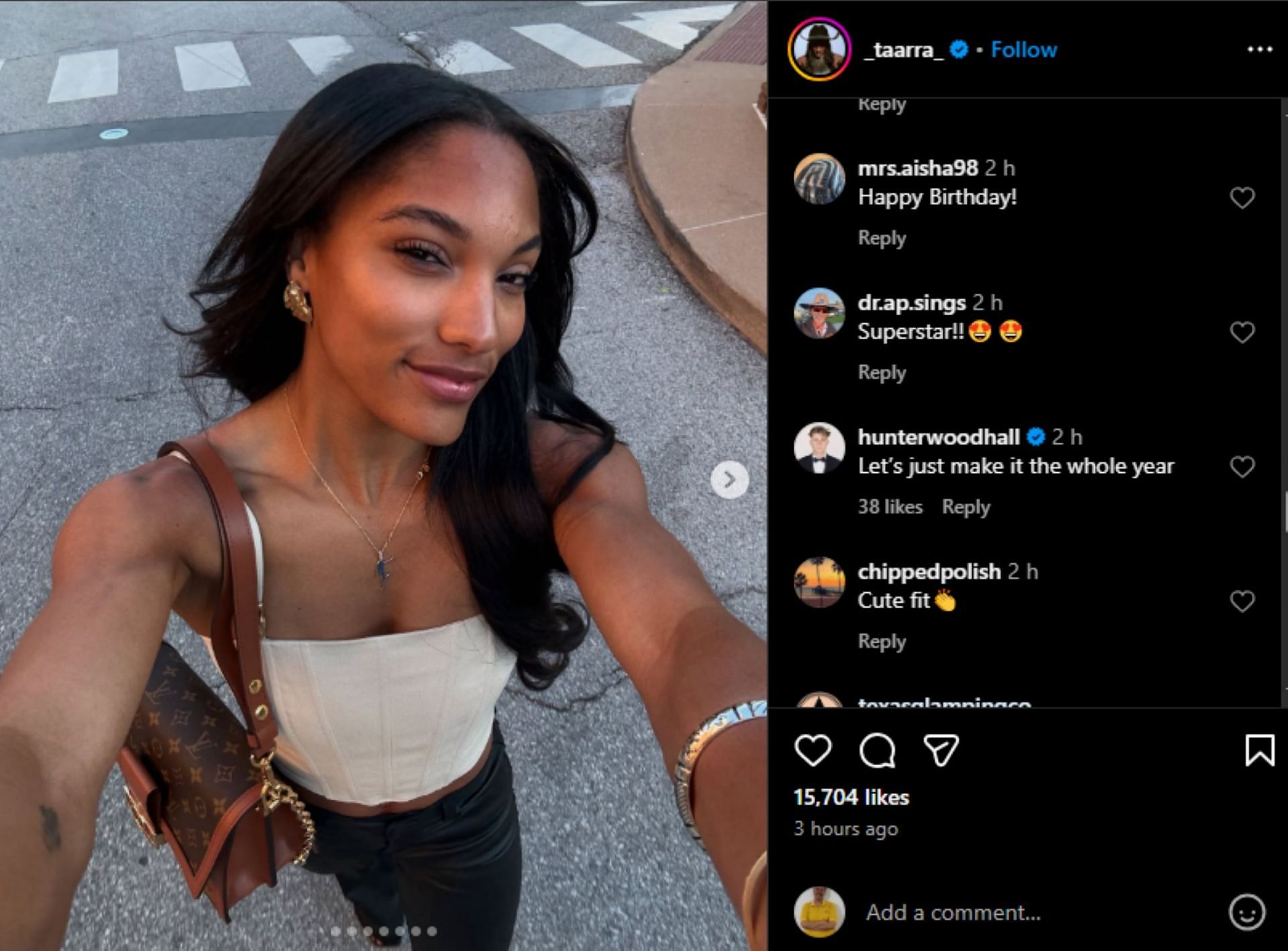 Screengrab of Tara Davis-Woodhall&#039;s Instagram post and Hunter Woodhall&#039;s comment [Image Source: Tara Davis-Woodhall&#039;s Instagram]
