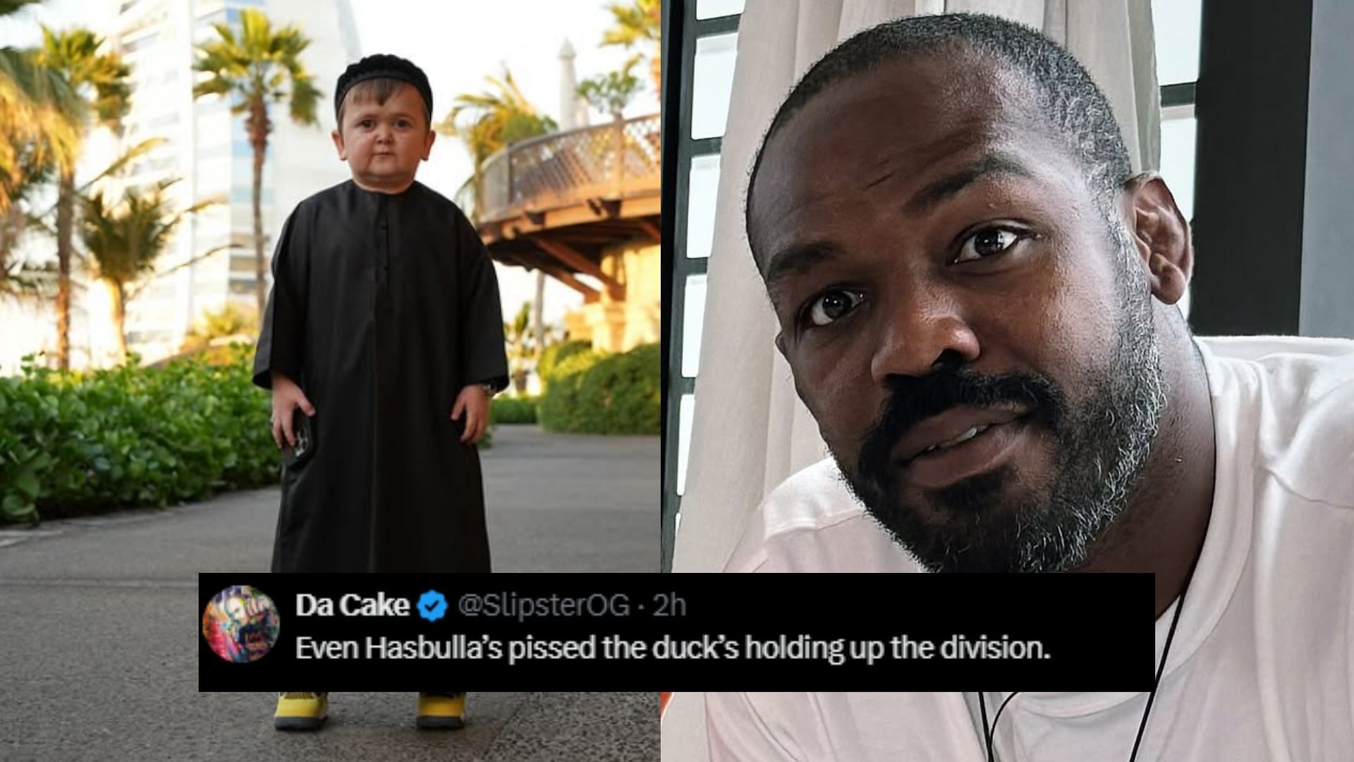 Netizens react to Hasbulla (left) trying to choke Jon Jones (right). [Images courtesy: @hasbulla.hushetskiy on Instagram]