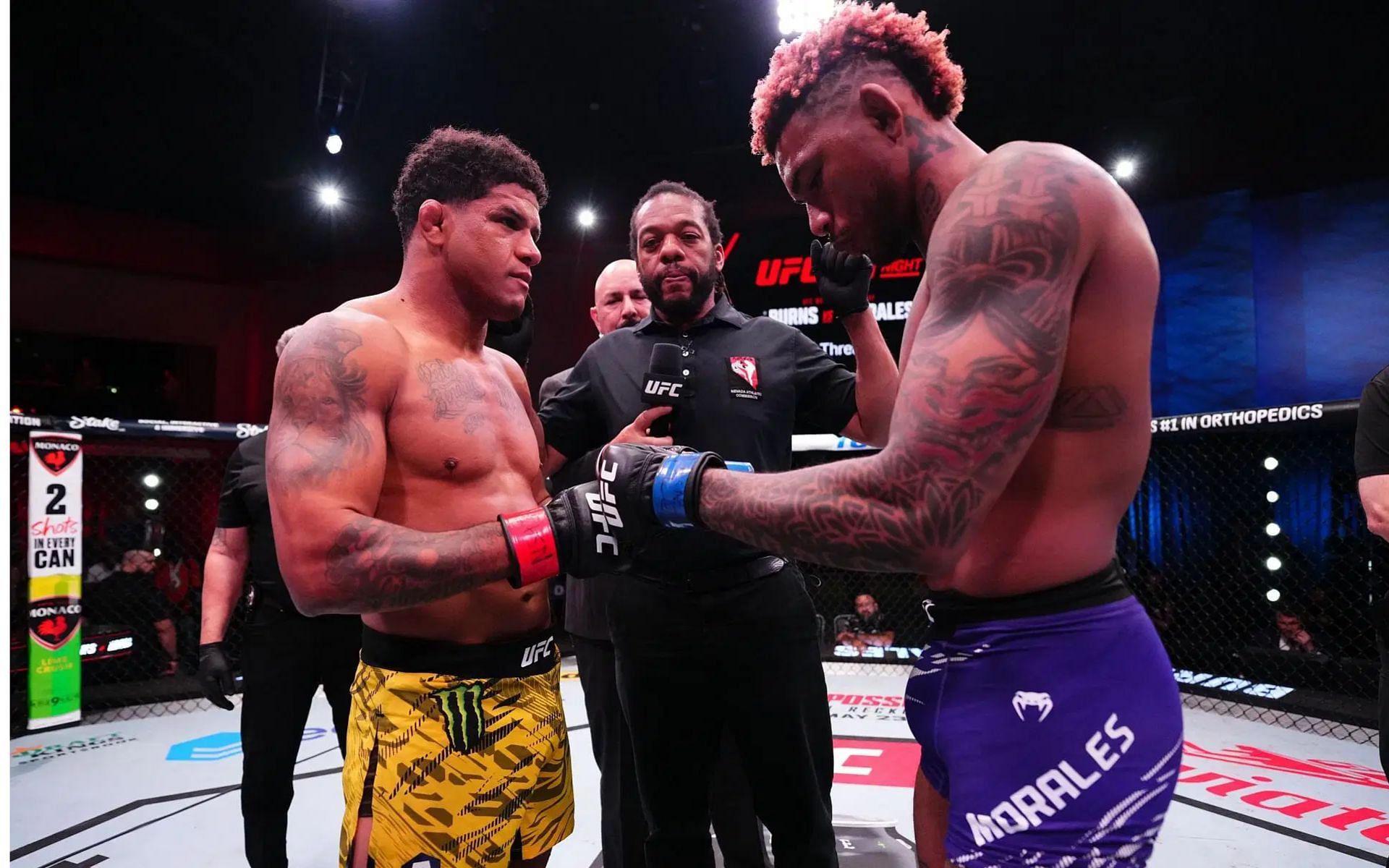 Gilbert Burns (left) suffers TKO loss to surging contender Michael Morales (right) at UFC Vegas 106 [Image courtesy: Getty Images]