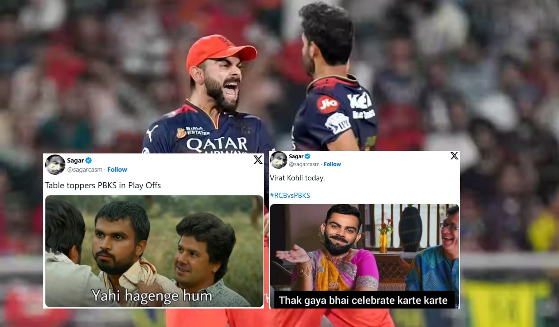 Fans react after 1st innings of RCB vs PBKS Qualifier 1. (Image: bcci.tv, X - sagarcasm)