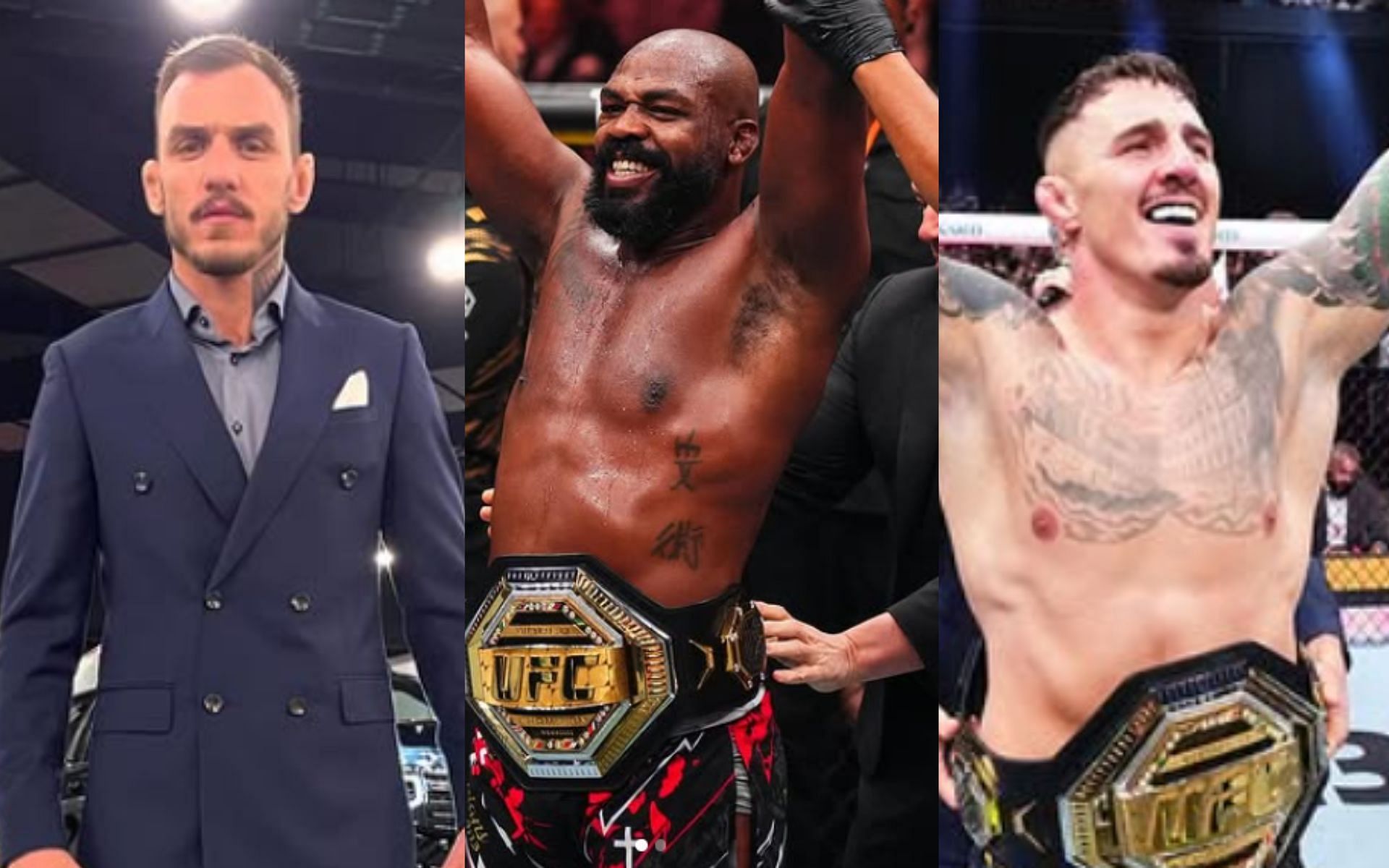 Renato Moicano (left) weighed in on Jon Jones (center) and Tom Aspinall