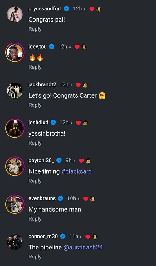 Players and coaches reacting to Kingsbury's move to Citadel (Image via Instagram/carterkingsbury)
