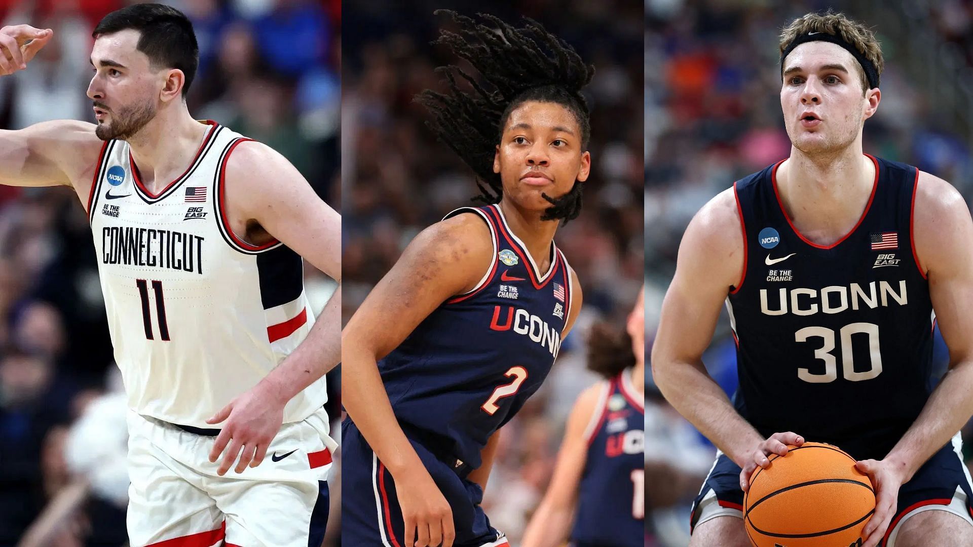 Alex Karaban, KK Arnold and Liam McNeeley hype up UConn coach Malik Martin as he completes masters degree - Image source: Images via Getty