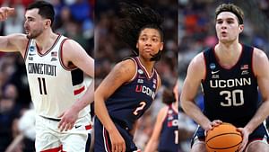 Alex Karaban, KK Arnold and Liam McNeeley hype up UConn coach Malik Martin as he completes masters degree