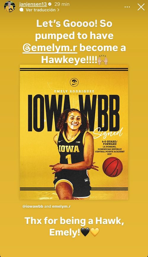 Head coach Jan Jensen's story about Emely Rodriguez. - Source: Instagram/@janjensen13