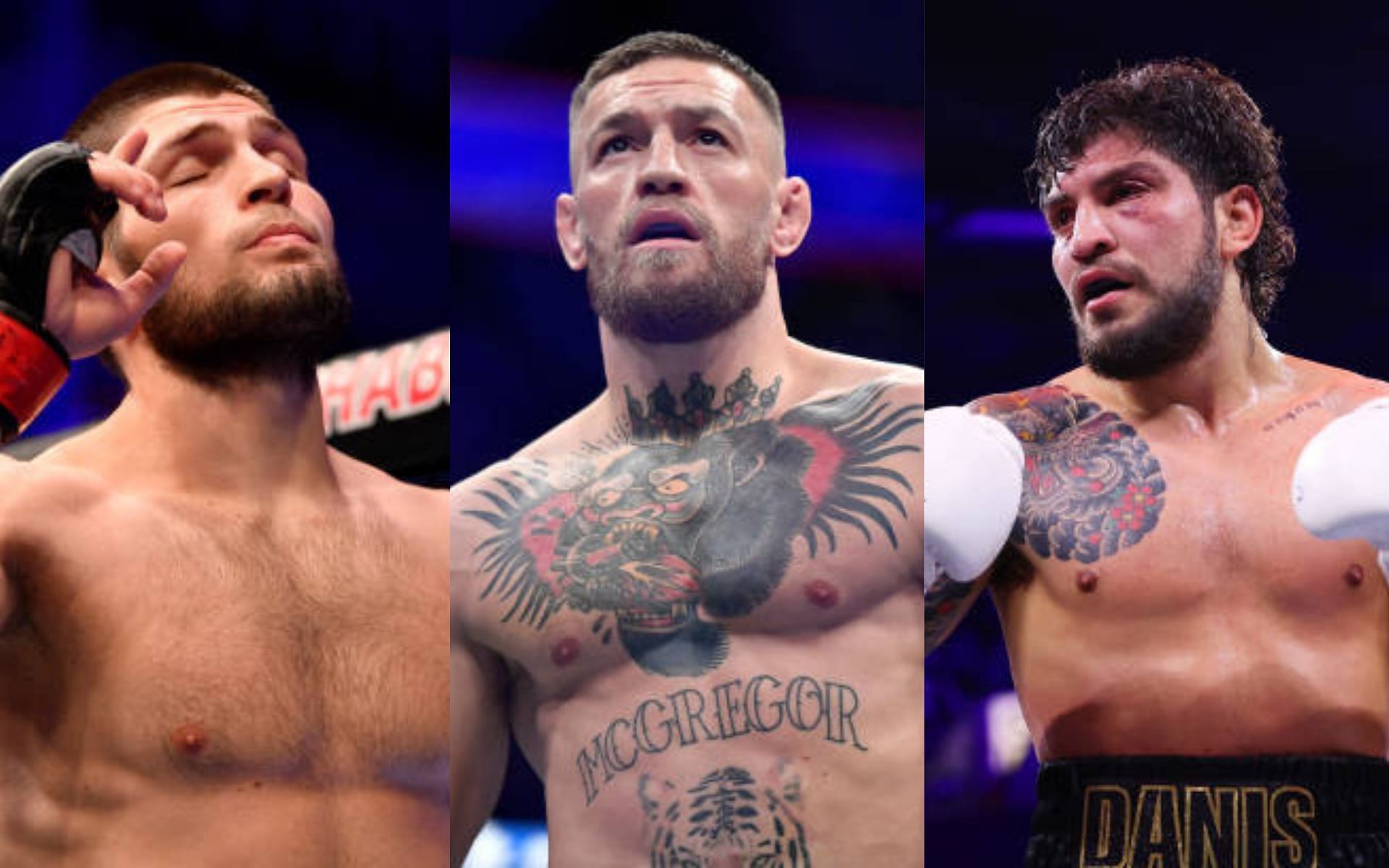Khabib Nurmagomedov (left) reveals why he attacked Dillon Danis (right) after Conor McGregor (center) bout [Image credits: Getty Images]