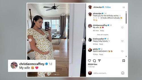 Christian McCaffrey shows love for wife Olivia Culpo with 2-word message (image credit: instagram/oliviaculpo)