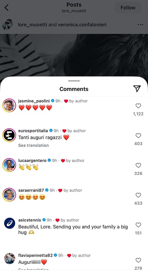 Jasmine Paolini and others' reactions to Musetti's girlfriend Veronica's second pregnancy (Source: Instagram/lore_musetti)