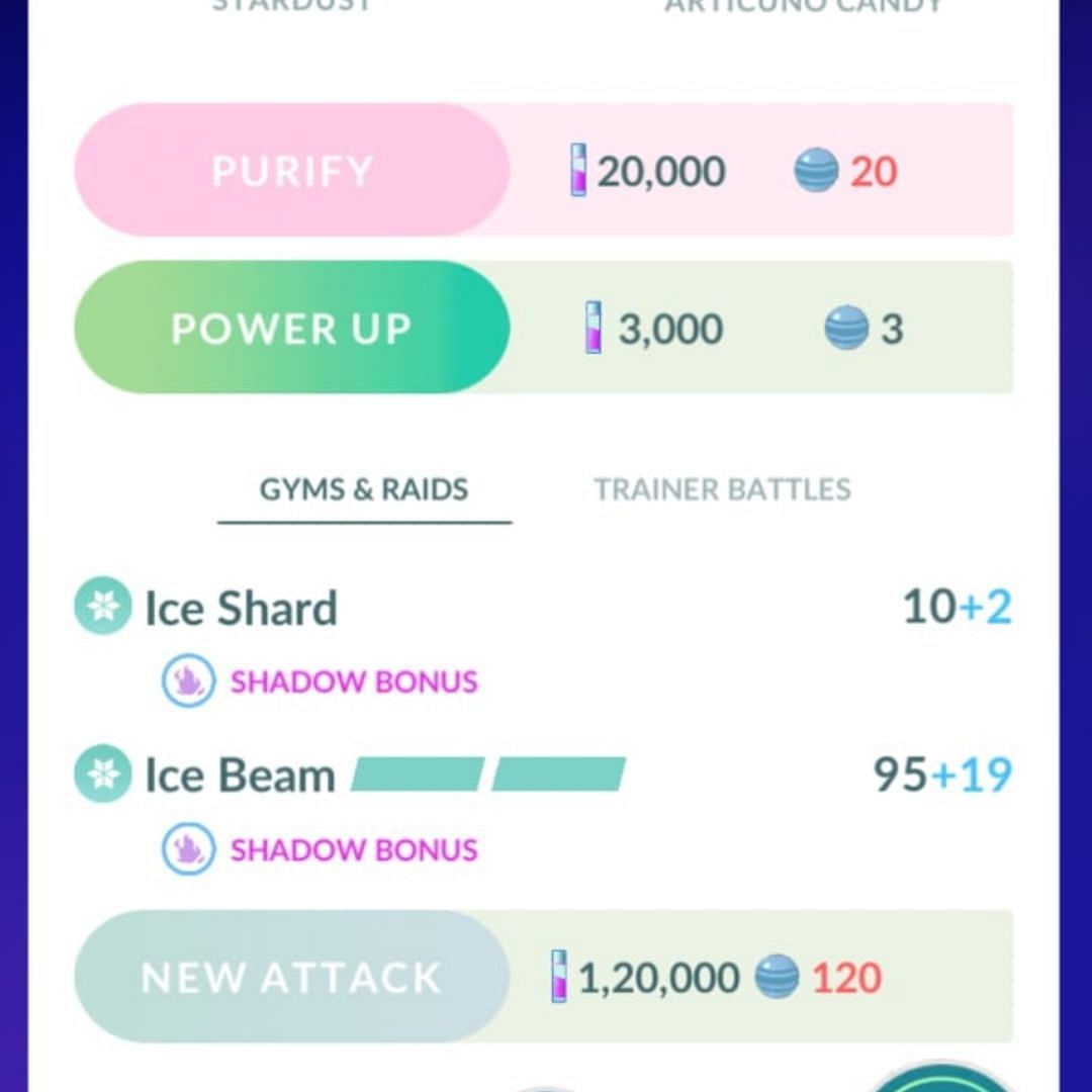 Shadow Pokemon need more Stardust and Candy to learn the second Charged Move (Image via Sportskeeda Gaming / Pokemon GO)