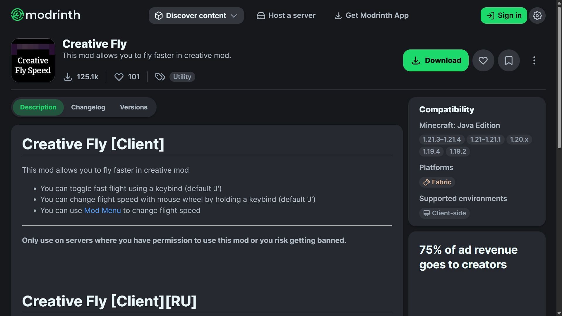 Creative Fly can be easily downloaded from the Modrinth website (Image via Modrinth/TheEvilM)