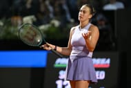 Aryna Sabalenka during her 2025 Italian Open women's singles quarterfinal match against Zheng Qinwen (Source: Getty)