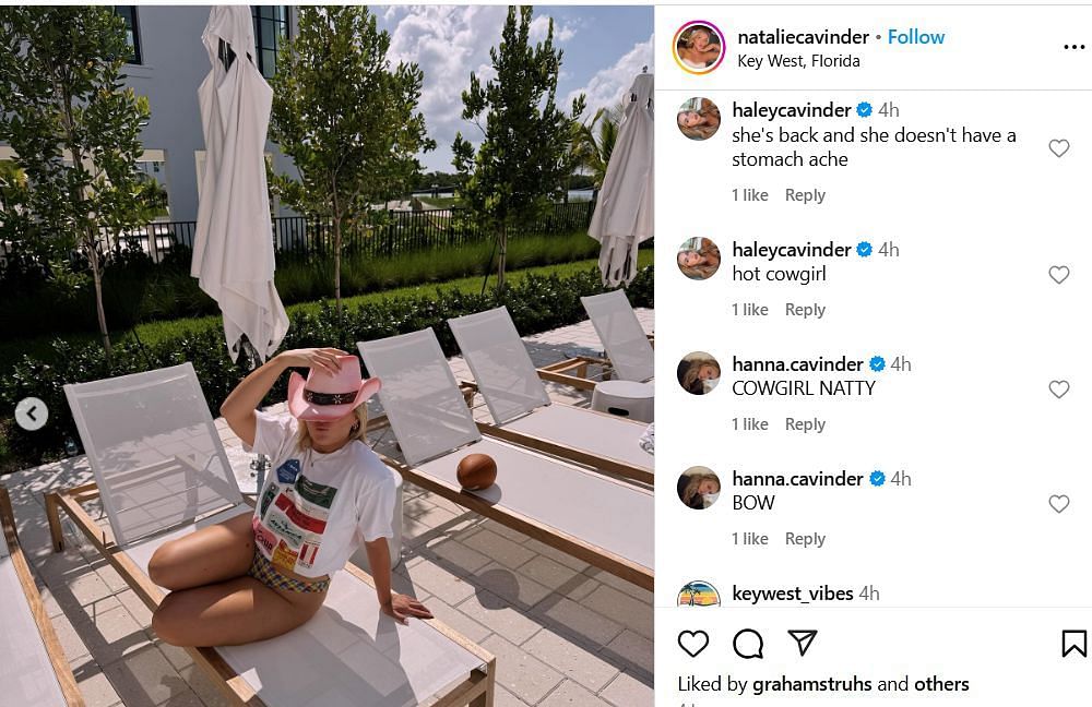 Haley and Hanna Cavinder Cavinder react to younger sister, Natalie Cavinder&#039;s IG post. Image via @nataliecavinder