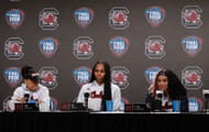 Head coach Dawn Staley, Bree Hall and Te-Hina Paopao of the South Carolina Gamecocks speak during a press conference on April 04, 2024. Photo: Getty