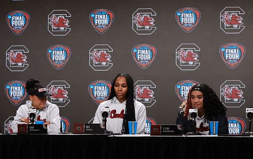 Head coach Dawn Staley, Bree Hall and Te-Hina Paopao of the South Carolina Gamecocks speak during a press conference on April 04, 2024. Photo: Getty