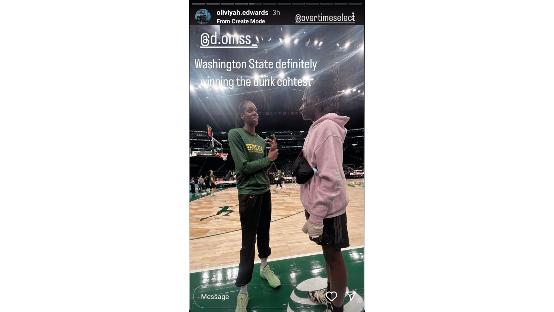 Five-star prospect Oliviyah Edwards shared a photo of herself talking to Seattle star Dominique Malonga at Sunday&#039;s game between the Storm and the Las Vegas Aces. Source: Instagram/@oliviyah.edwards