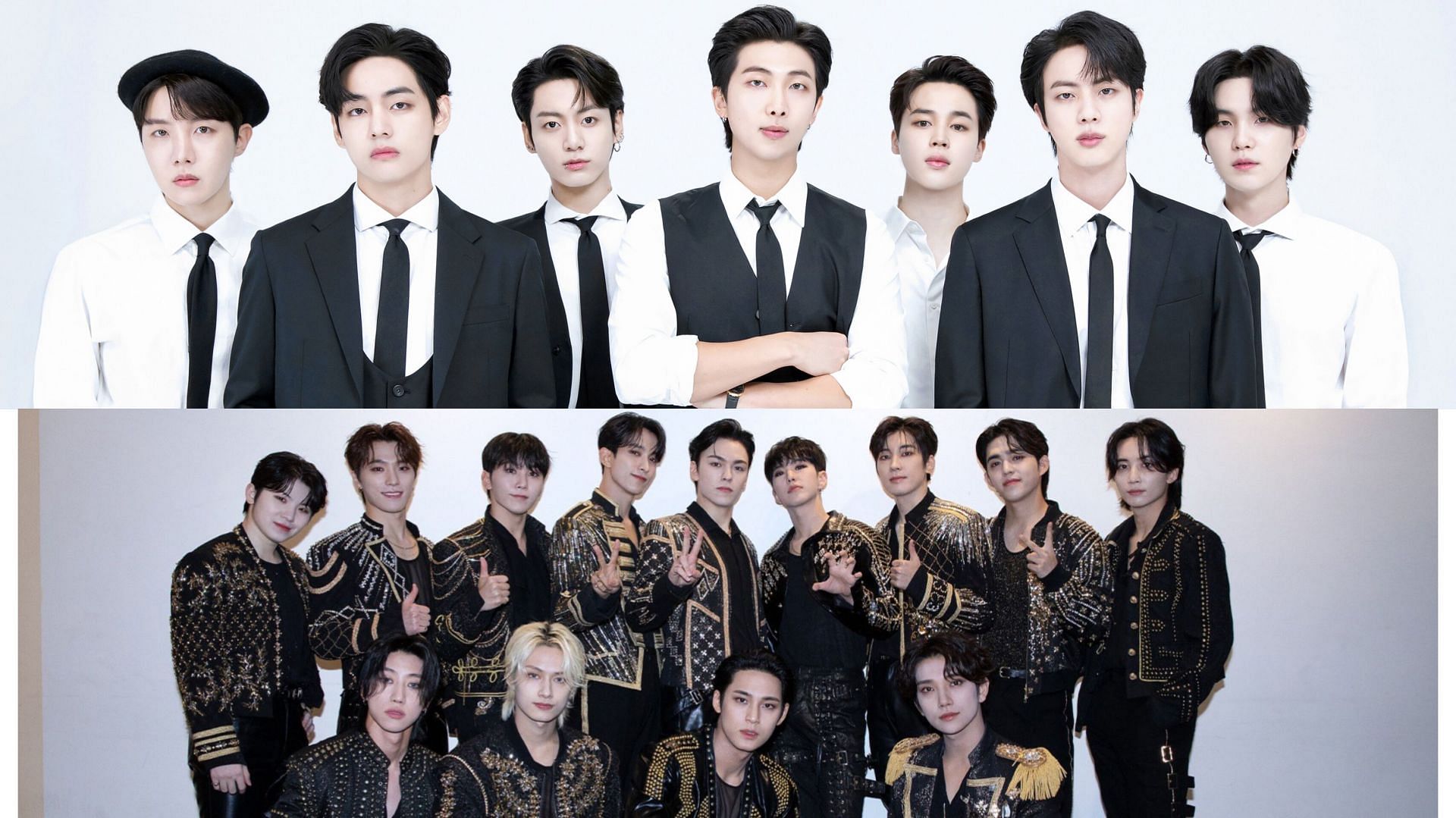 HYBE banner replacement with SVT ahead of BTS COMEBACK sparks reactions (Images via X/@bts_bighit &amp; @pledis_17)