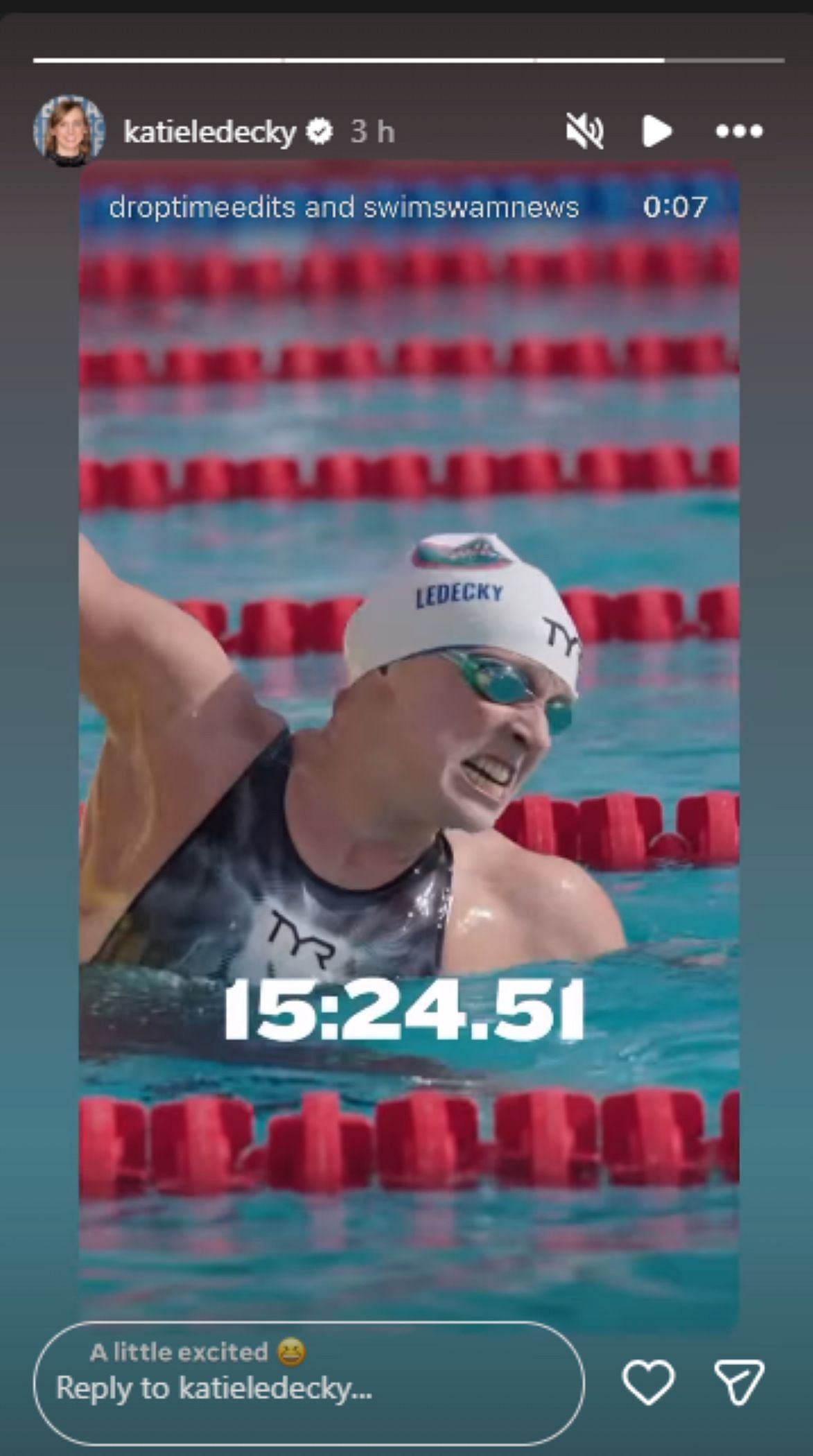Screengrab of Katie Ledecky&#039;s reaction after the record timing [Image Source: Katie Ledecky&#039;s Instagram]