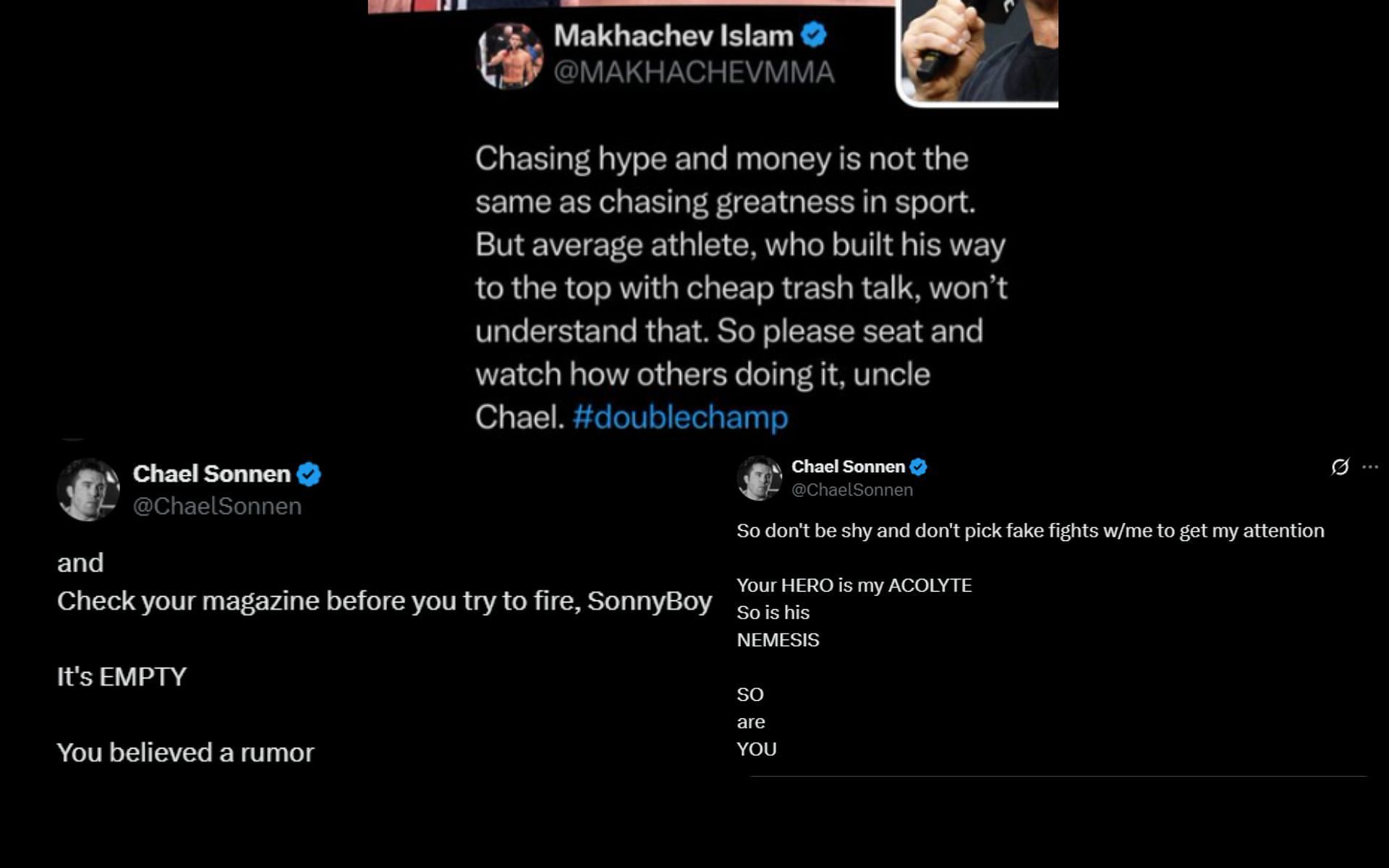 Chael Sonnen claps back at Islam Makhachev. [Screenshots courtesy: @ChaelSonnen on X]