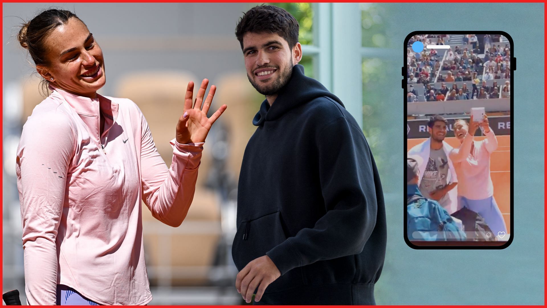 Aryna Sabalenka (L) and Carlos Alcaraz (R), and the duo posing together at the French Open. (Photos: Getty, inset: Twitter/X - @rolandgarros)
