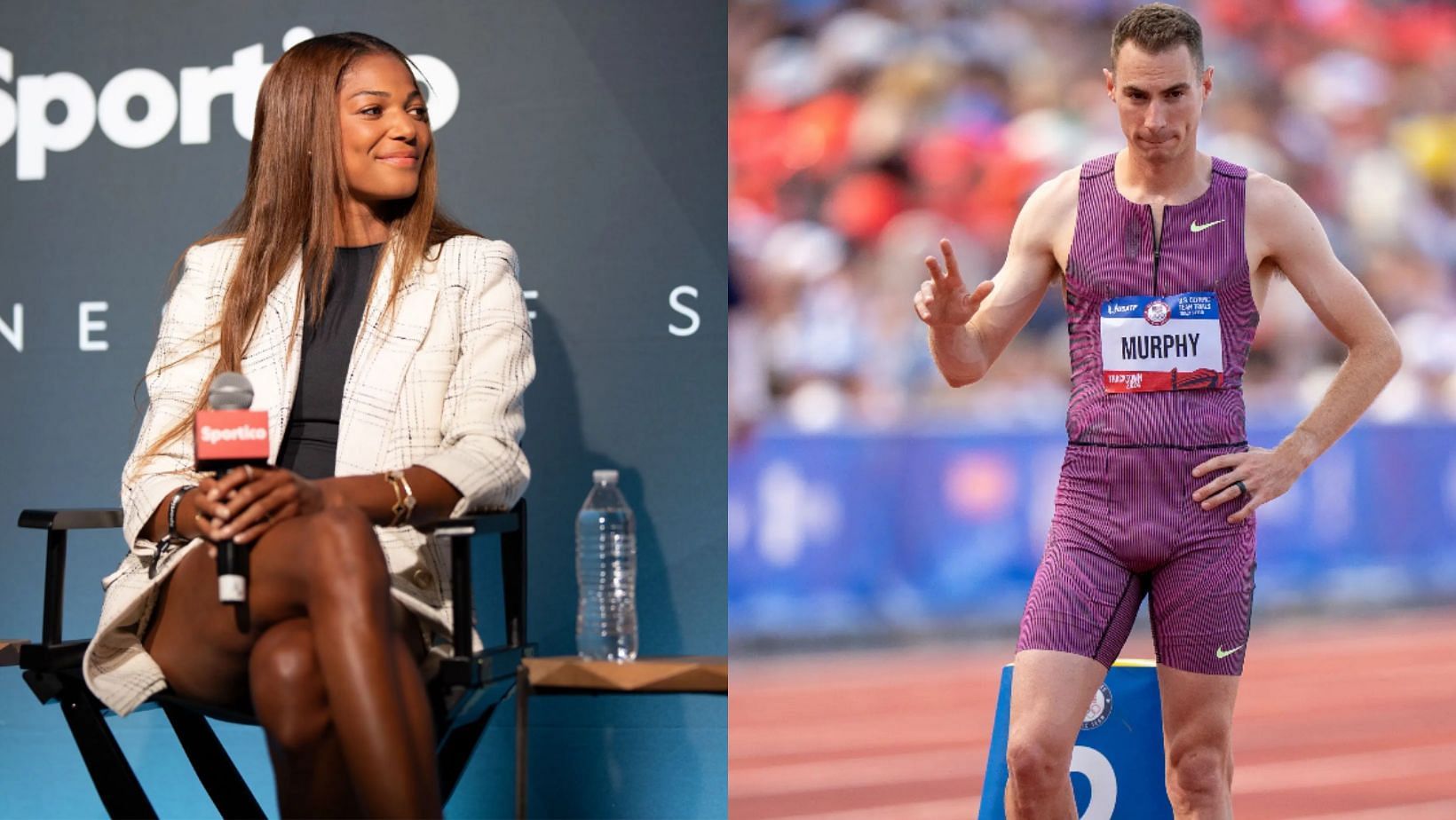 Gabby Thomas reacts to Clayton Murphy