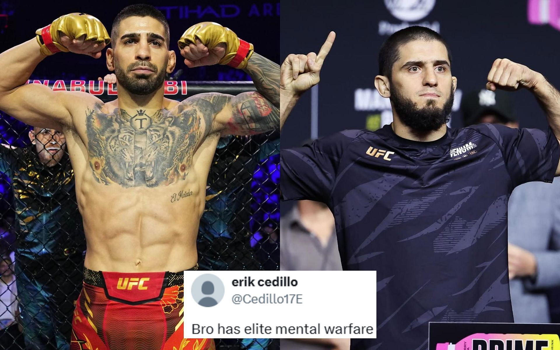 Ilia Topuria (left) takes a dig at Islam Makhachev (right). [Images courtesy: @ufceurope and @islam_makhachev on Instagram]