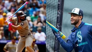 Fernando Tatis Jr. and Julio Rodriguez exchange custom bats as part of MLB's "Heroes of the Game" campaign