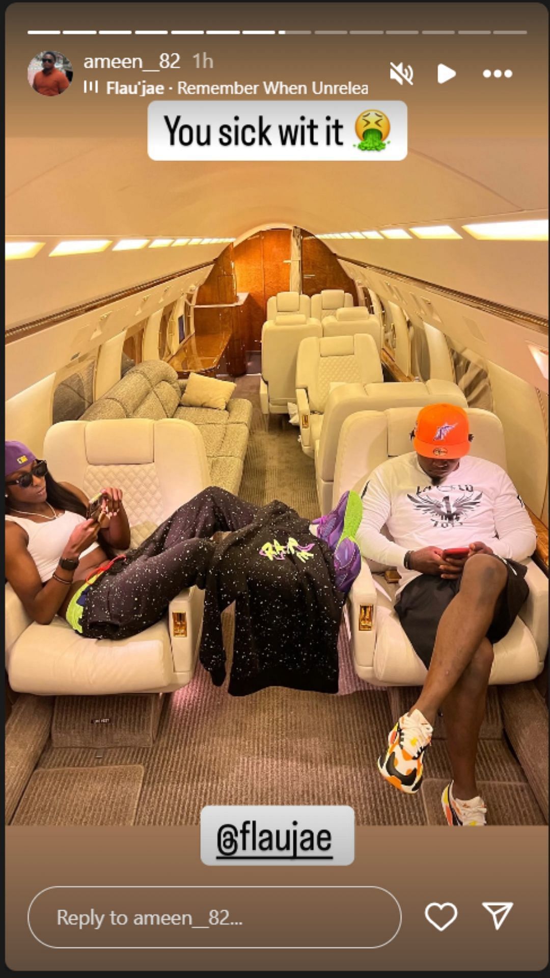 Ameen Brooks shares photo of himself and stepdaughter Flau&#039;jae Johnson in a private plane on IG story. Image via @ameen_82