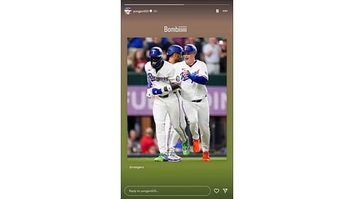 Rangers outfielder Joc Pederson with a hyped caption for Adolis Garcia (yungjoc650/Instagram)