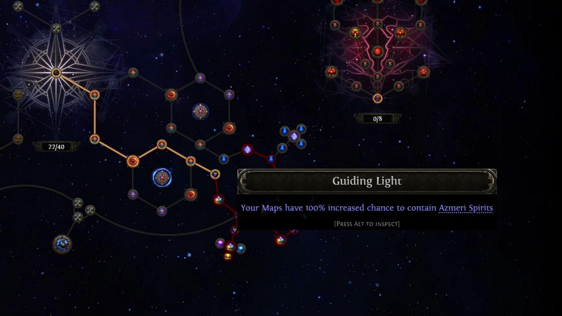 Atlas map Azmerian Wisps passive node cluster (Image via Maxroll || Grinding Gear Games)