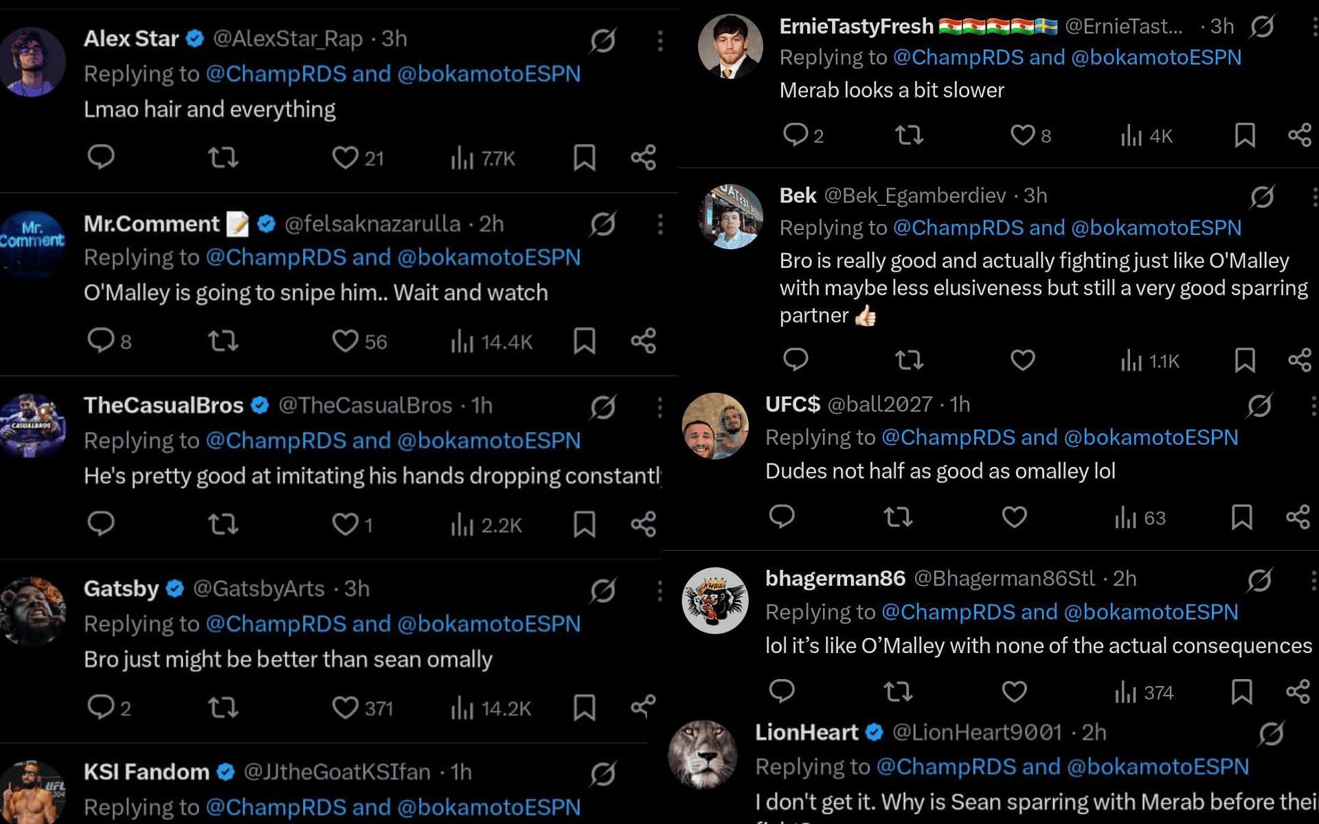 Fans&#039; reaction to Merab Dvalishvili&#039;s latest sparring footage. [Screenshots courtesy: @ChampRDS on X]