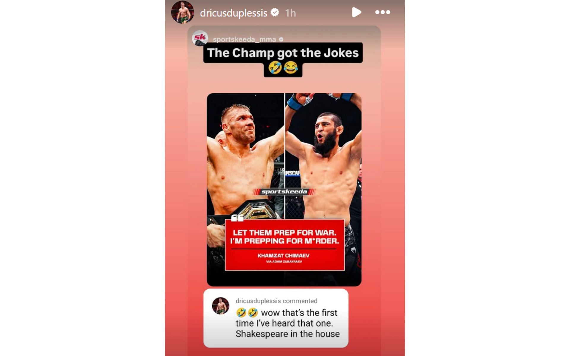 Dricus du Plessis responds to Khamzat Chimaev&#039;s comments [Image courtesy: @dricusduplessis on Instagram]